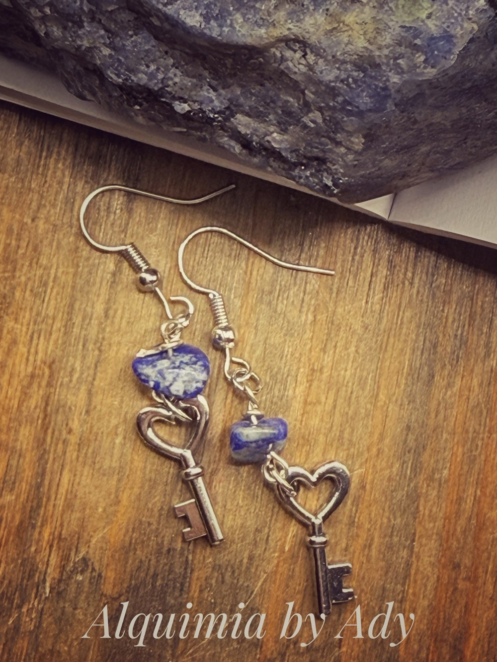 Alquimia Silver Key & Heart Drop Earrings with Blue lapis Stone Chips